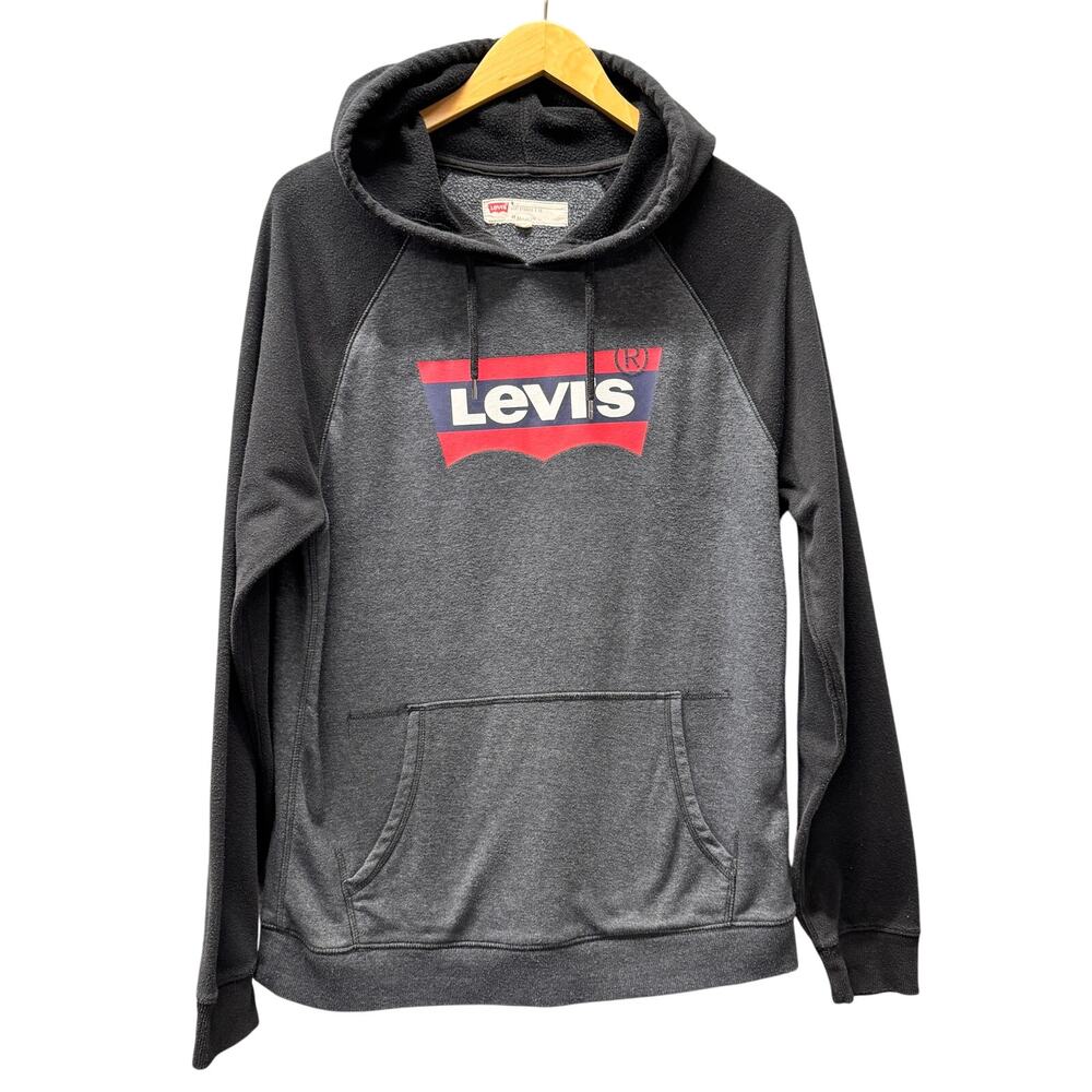 Levi's Hoodie Mens Medium Gray Black Red Logo‎ Pullover Sweatshirt + Pockets